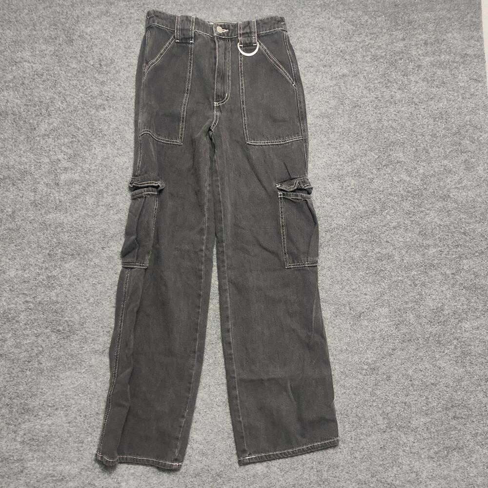 RSQ Jeans Juniors 24 Gray Charcoal Wash High Rise Wide Leg Cargo Denim